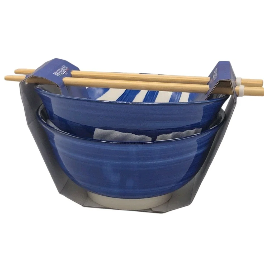 Brandani Italy 8pc Ramen Noodle Soup Bowl Set of 2 Blue Porcelain w/ Chopsticks
